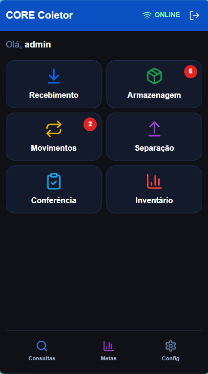 Tela inicial do coletor mobile do CORE LogiTrack — recebimento, armazenagem, separação, conferência e inventário